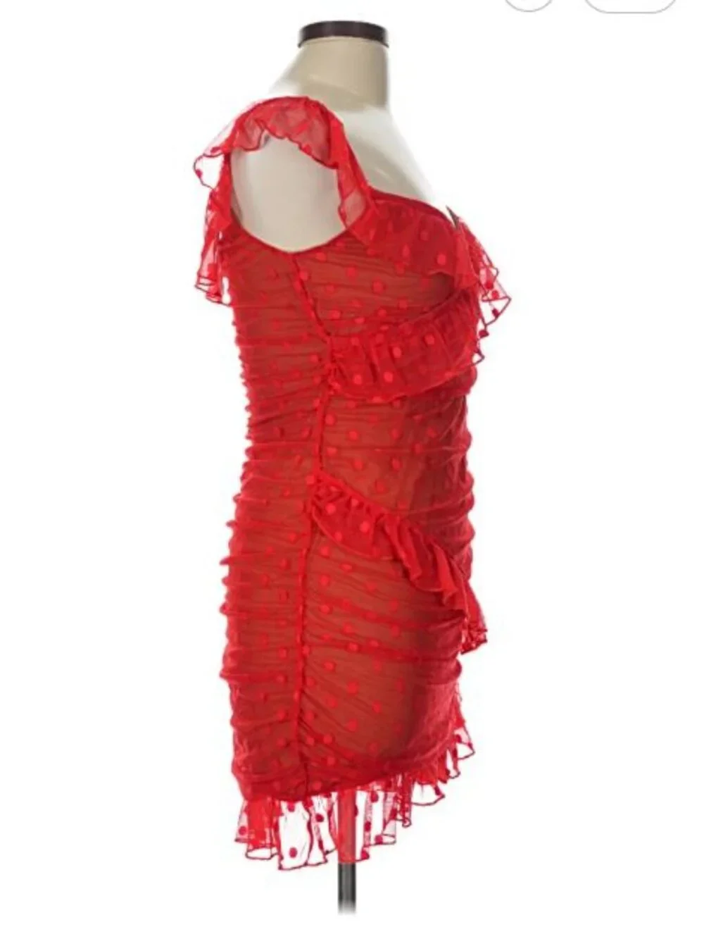 Majorelle Bandit Mini Dress Large Red Polka Dot Ruffle Asymmetrical Y2K Romantic